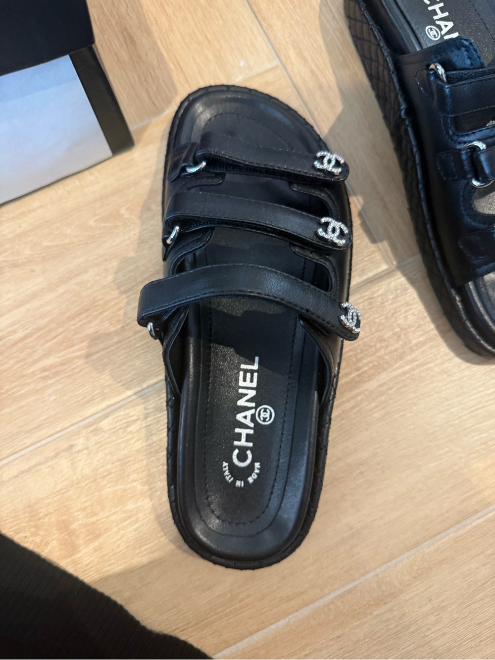 Black Triple-Strap CC Logo Slide Sandals - Picture 3 of 4